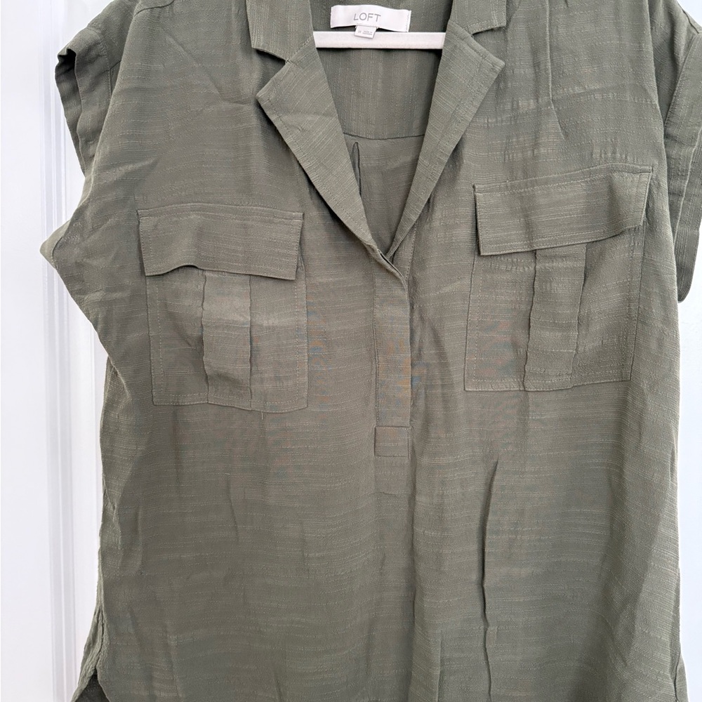 LOFT Green Boxy Button Down Blouse with Notched Collar